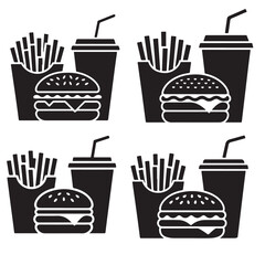 Fast Food Combo Icon Set – Burger, Fries & Soda Black Vector Pack