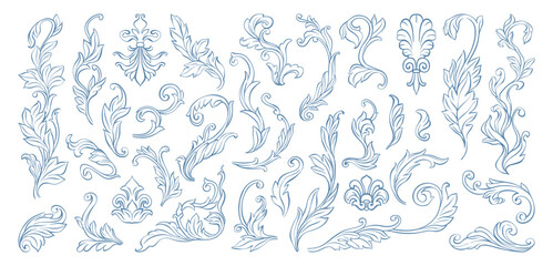 Vintage Baroque acanthus leaf elements set. Whimsical, filigree, swirl floral design elements for Victorian classic frames, borders, corners, patterns, wedding invitations, card decorations, diplomas.