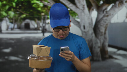Man wearing blue cap and glasses holding takeout boxes and checking smartphone on street while balancing food containers; concentration duty delivery.