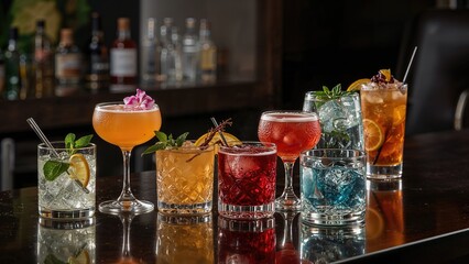 Colorful cocktails on a bar counter with various ingredients and garnishes, showcasing a variety of drinks for social and leisure occasions.