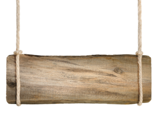 wooden sign hanging on a string on a white isolated background