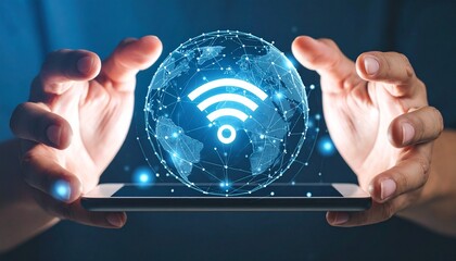 Tablet with glowing Wi-Fi hologram inside digital globe of nodes on dark background.
