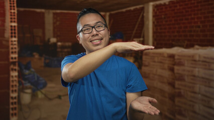 Man in a building showing size with hands and open palms while smiling, wearing blue t shirt and glasses; skill precision calm.