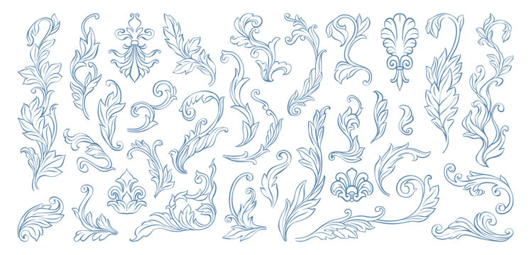 Vintage Baroque acanthus leaf elements set. Whimsical, filigree, swirl floral design elements for Victorian classic frames, borders, corners, patterns, wedding invitations, card decorations, diplomas.
