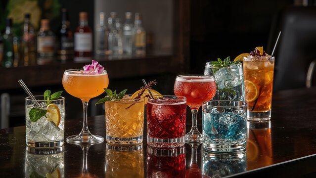 Colorful cocktails on a bar counter with various ingredients and garnishes, showcasing a variety of drinks for social and leisure occasions.