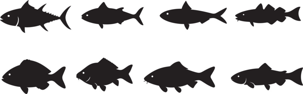 Collection of diverse fish silhouette vectors for aquatic themed designs