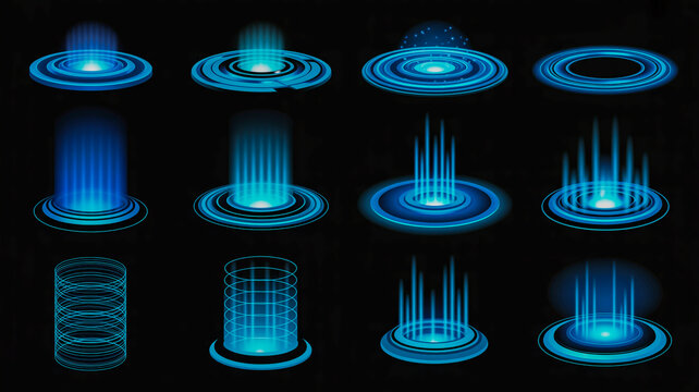 Sci-fi blue holographic portal elements and digital energy set