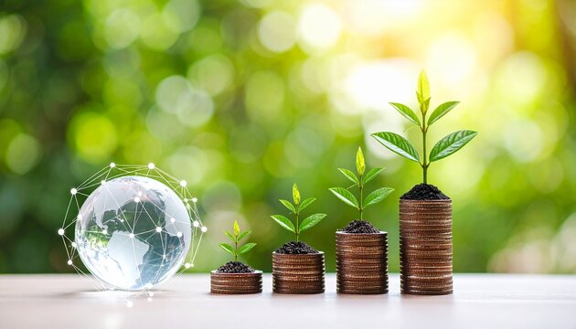 Stacks of coins with growing plants and globe on natural background symbolizing sustainable financial growth. - Powered by Adobe