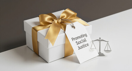 Give the Gift of Justice! Promoting Social Justice with Elegant White Gift Box and Golden Ribbon for Charitable Causes, Social Responsibility, and Community Initiatives