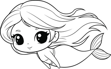 Cute Chibi Style Little Baby Mermaid Swimming with Big Eyes and Flowing Hair, Black and White Outline Drawing for Kids Coloring Book Page Vector.