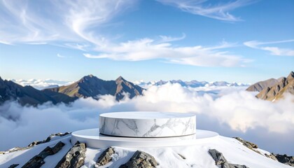 White circular platform on snowy mountain peak with clouds and rugged landscape.
