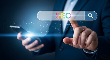 Person using smartphone with search bar and magnifying glass icon