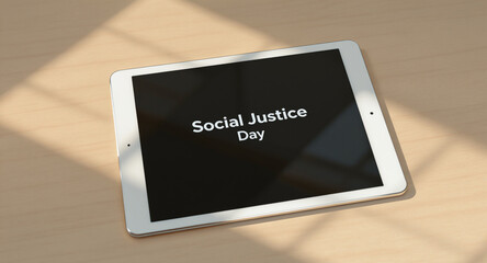 Promote Social Justice Day with a modern tablet design perfect for online campaigns and digital awareness initiatives to champion equality and human rights advocacy