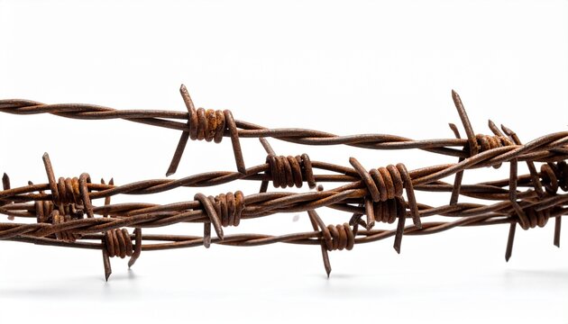 Rusted barbed wire close-up with sharp twisted strands on white background.