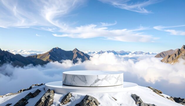 White circular platform on snowy mountain peak with clouds and rugged landscape. - Powered by Adobe
