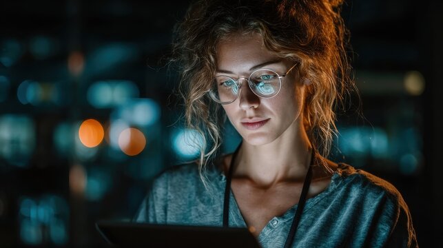 Female computer scientist develops quantum machine learning algorithms in advanced dark office, using tablet computer to simulate and test performance