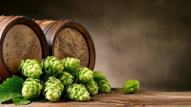 Fresh hops arranged next to wooden barrels highlight the essence of brewing craftsmanship, celebrating natural ingredients and tradition