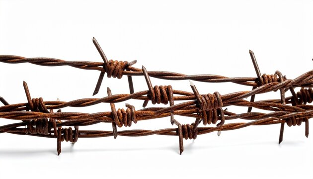 Rusted barbed wire close-up with sharp twisted strands on white background.