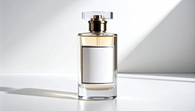 Clear glass perfume bottle with gold nozzle and white label on white surface with diagonal shadows.