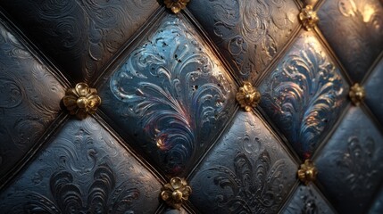 High quality textured glass panel with ornate gold patterns and soft aesthetic background