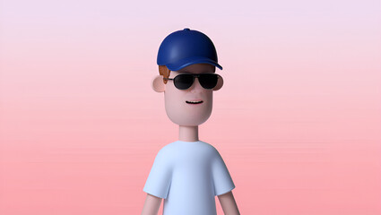 Minimalist 3D rendered character wearing a blue baseball cap and stylish sunglasses on a clean gradient background, embodying a casual and modern digital aesthetic, Generative AI