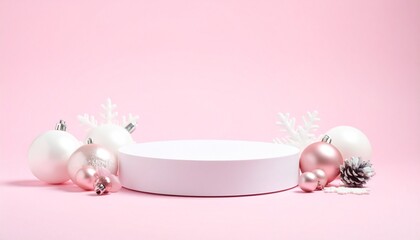 Festive white pedestal with pink and silver ornaments on pastel pink background.