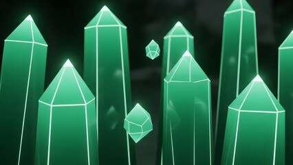 Mystical landscape of luminous green geometric crystals and gems glowing in a dark cavern with ethereal light