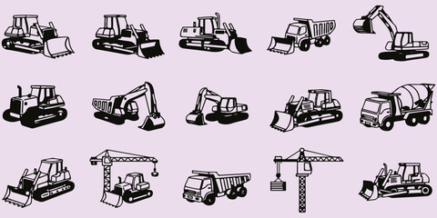 Construction Vehicle Icons, Collection Of Bulldozer Excavator And Crane Symbols For Industry Design Project Management And Engineering Applications

