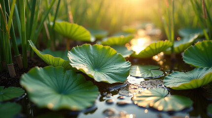 Magical golden sunlight on vibrant green lily pads floating peacefully in tranquil waters, creating a serene and calming natural environment for meditation and relaxation