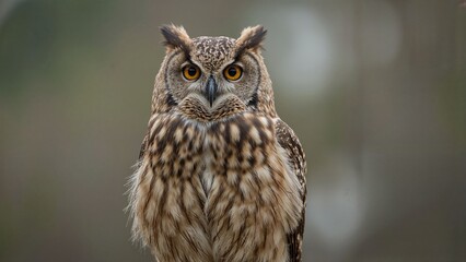 Fototapeta premium A majestic owl with striking yellow eyes and intricate feather patterns, captured in a natural setting.
