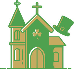 St patricks day church illustration featuring a shamrock and leprechaun hat, symbolizing irish culture