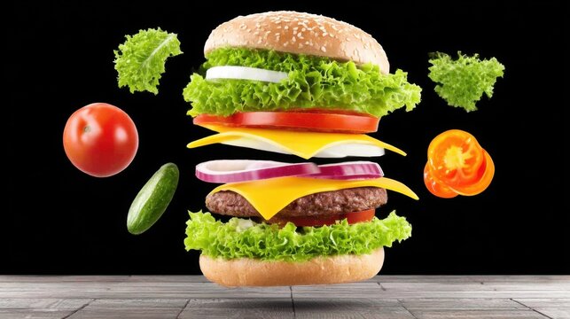 A disassembled hamburger in the air: bun, meat, vegetables, and cheese on a black background. Culinary composition.