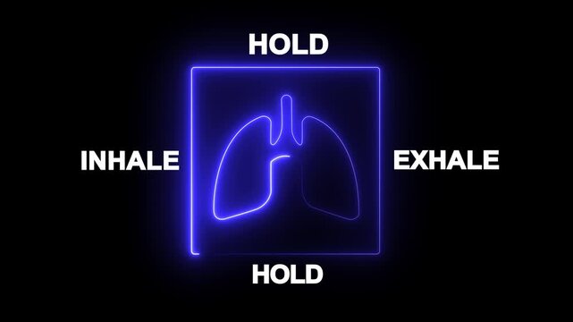 glowing neon 1 minute animation of a box breathing exercise guide with lungs icon and inhale-hold-exhale cycle .useful for meditation, relaxation and mindfulness.4k motion video animation.