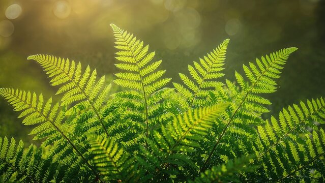 Bright sunlight illuminating fern leaves in a lush green forest setting. Nature and plant life, environment, natural scenery. The concept of foliage and eco-system.