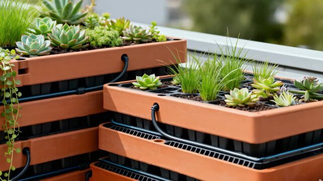 Medium shot focused on assembling modular green roof trays filled with succulents and grasses highlighting the flexible design and easy maintenance.