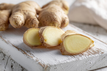 Frisch geschnittener Ingwer auf rustikalem Holzbrett