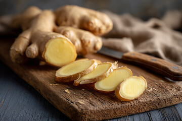 Frisch aufgeschnittener Ingwer auf rustikalem Holzbrett – Foodfotografie