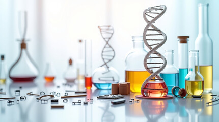 Stunning DNA Model & Lab Equipment for Medical Research & Science Education Resources, Use this vibrant science scene for your modern tech branding projects!