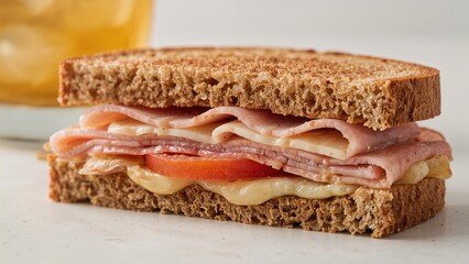 Sandwich with whole grain bread, ham, cheese, tomato, and lettuce.