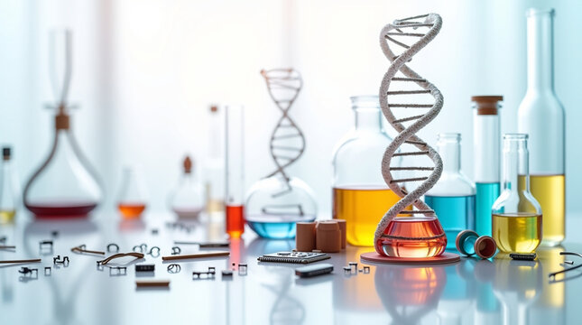 Stunning DNA Model & Lab Equipment for Medical Research & Science Education Resources, Use this vibrant science scene for your modern tech branding projects!