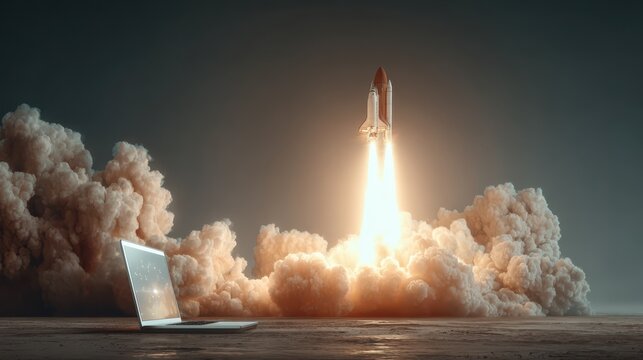 Launching space rocket from laptop screen on rocky landscape during daytime