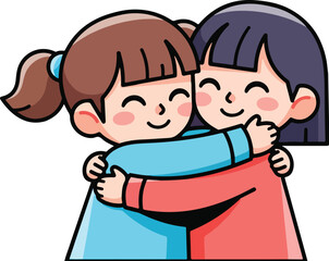 Two young girls smiling and embracing each other in a heartwarming hug, showing affection and friendship.