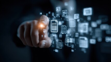 Businessman touches virtual screen showing digital Document Management System, automation efficiently operates paperless