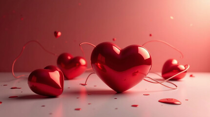 Romantic Valentine's Day concept with three stunning red hearts and glitter on a clean surface, perfect for expressing love, affection, and heartfelt emotions