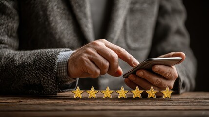 Businessman uses application on his smartphone to monitor the five star ratings and reviews about business service and user experience