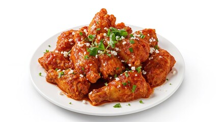 Fototapeta premium Deep-fried chicken pieces with coating, garnished with chopped herbs and sesame seeds on a white plate. Classic comfort food.