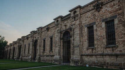 A historic stone building with barred windows and a gated entrance, characterized by its old brick construction and classical architectural style.