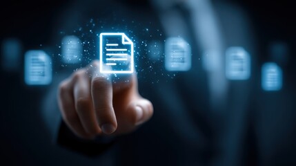 Businessman touches virtual screen showing digital Document Management System, automation efficiently operates paperless