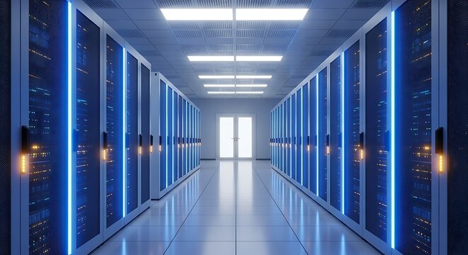 Symmetrical modern server room corridor showcasing advanced computing infrastructure and glowing blue rack lights in a high-tech data processing facility - Powered by Adobe