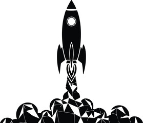 Rocket launch illustration in black and white representing innovation and technological advancement